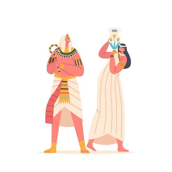古埃及法老和女人一起站在一起 描绘皇家权威的人物和水在埃及社会中的重要性 卡通人物矢量图解 — 图库矢量图片