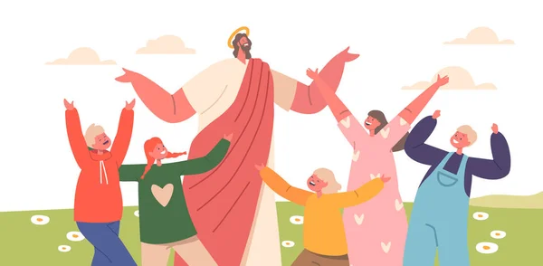 Ježíš Děti Hrají Slaví Krásném Poli Smíchem Radostí Čistým Štěstím — Stockový vektor