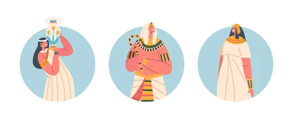 孤立的圆形图标或Avatars 埃及法老与杖和女性人物穿长衣和保持壶与水 古代社会的人物 卡通人物矢量图解 — 图库矢量图片