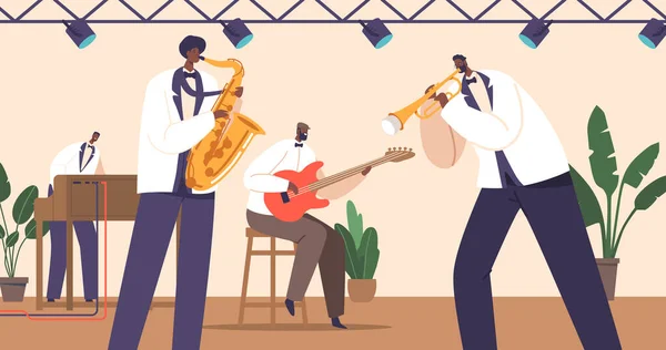 Müzisyen Karakterleri Saxophone Piano Guitar Horn Senkoplu Ruh Müziği Ritmi — Stok Vektör