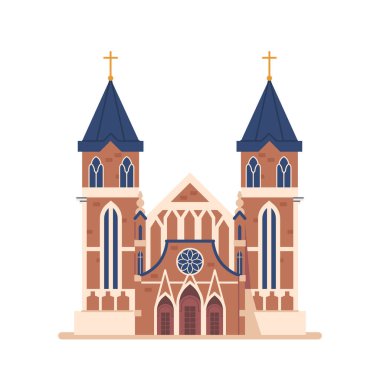 Katolik Kilise Binası. Uzun, Görkemli Yapı Süslü Mimari ve Karmaşık Cam Pencere. Beyaz arka planda izole edilmiş tipik Dini Mimari. Çizgi film Vektör İllüstrasyonu
