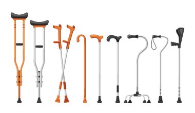 Yardım için mobil yardımlar. Koltuk değnekleri ve bastonlar, destek ve istikrar sağlamak, hareket güçlüğü çeken bireylerin bağımsız olarak hareket etmelerine yardımcı olmak. Çizgi film Vektör İllüstrasyonu