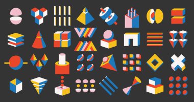 Soyut Geometrik Tasarım Volumetrik Şekillere, Temiz Çizgilere ve Canlı Renklere sahip. Bauhaus Hareketleri 'nin işlevsellik ve basitliğe vurgu yapması. Çizgi film Vektör İllüstrasyonu