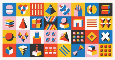 Bauhaus Pattern Showcases Volumetric Figures In A Minimalistic And Geometric Style, Emphasizing Clean Lines, Bold Shapes, Visual Harmony, And Vibrant Colors. Cartoon Vector Illustration clipart