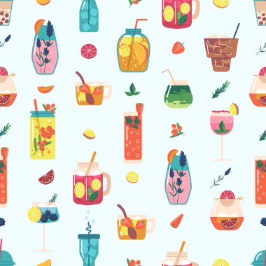 Canlı ve ferahlatıcı yaz kokteylleriyle kusursuz desenli, her türlü tasarım projesine tropikal ve neşeli bir dokunuş eklemek için mükemmel. Tekrarlanan Süslerle İçkiler. Çizgi film Vektör İllüstrasyonu