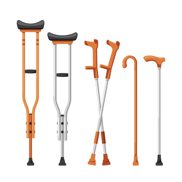 stock vector Set Of Crutches And Walking Canes. Isolated Essential Mobility Aids To Support Those With Leg Injuries, Helping To Redistribute Weight And Increase Balance While Walking. Cartoon Vector Illustration