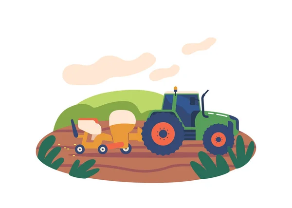 トラクターは効率的に現場で種子を播種し 生産性を最大化し 最適な成長と収量のための分配を確保します 農場で働く産業機械 漫画ベクターイラスト — ストックベクタ