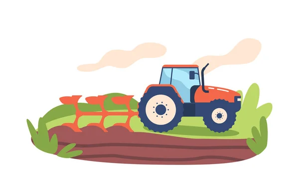 大型拖拉机有效地浇灌了大田 为种植庄稼准备了土壤 强大的机器能在破碎的地形中操作 精度高 速度快 卡通矢量图解 — 图库矢量图片