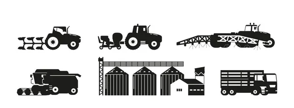 Set Monochrome Black Icons Farm Machinery Buildings Isolated White Background — Stock Vector