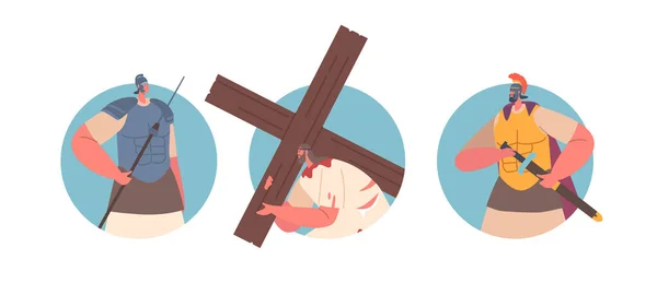 孤立无援的圆形偶像耶稣带着十字架 罗马士兵的性格 圣经场景描写的是祭祀之旅 象征着苦难和救赎 卡通人物矢量图解 — 图库矢量图片
