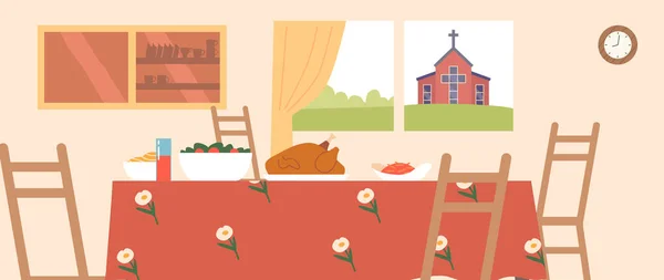 Cuisine Intérieur Avec Turquie Sur Table Vue Sur Église Depuis — Image vectorielle