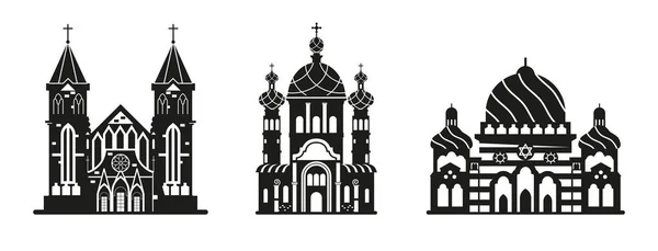 Ortodoxa Iglesia Católica Mezquita Arquitectura Religiosa Tradicional Edificios Iconos Blanco — Archivo Imágenes Vectoriales