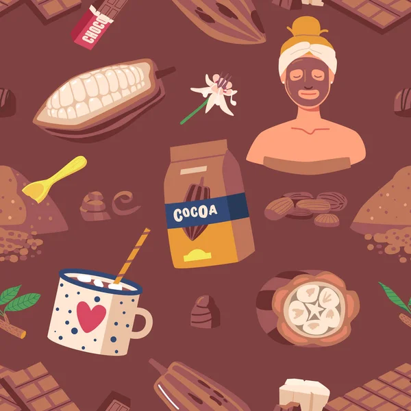 ココアとチョコレートシームレスパターン ココアビーンズ チョコレートバー ココアパウダー マスクをモチーフにした美味しく退廃的で魅力的な甘いデザイン 漫画ベクターイラスト — ストックベクタ