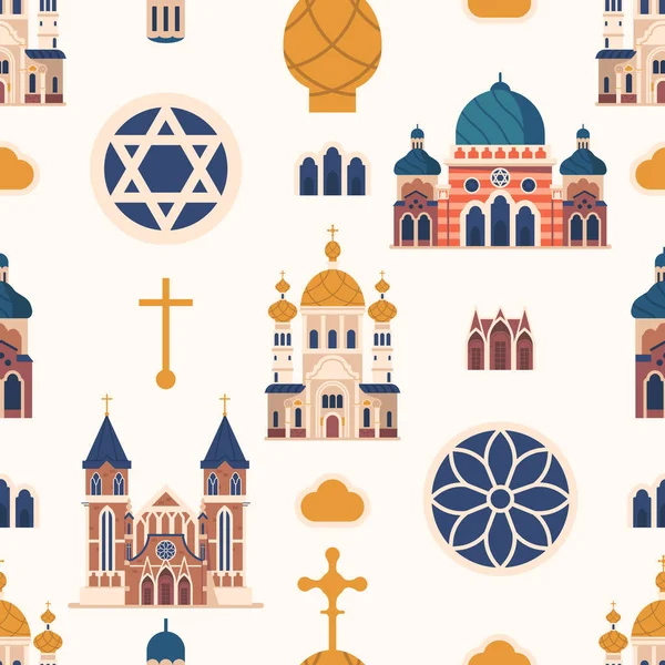 Seamless Pattern Featuring Orthodox Church Catholic Church Mosque Buildings Cultural — Stock Vector