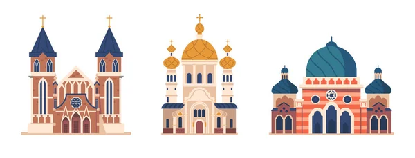 宗教建築 カトリックと正教会とモスク 信仰と精神性を具現化 複雑なデザイン アーチを高騰 雄大なドーム と神聖なシンボル 漫画ベクトルイラスト — ストックベクタ