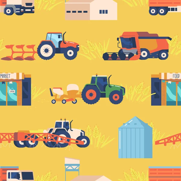Farm Machinery Seamless Pattern Repeating Design Featuring Various Agricultural Equipment — Stock Vector