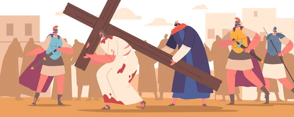 Jesus Burdened Weight Cross Simon Cyrene Helps Him Walk Path — Stock Vector