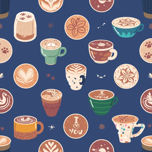 Coffee Cups Seamless Pattern Repetitive Design Featuring Various Coffee Cups — Stock Vector