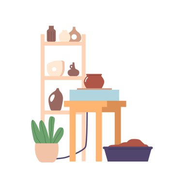 Potter Atölyesi, Clay 'in şekillendirildiği, şekillendirildiği ve çömlek, fırın ve çeşitli el aletleri kullanılarak güzel bir çömleğe dönüştürüldüğü yaratıcı stüdyo. Çizgi film Vektör İllüstrasyonu