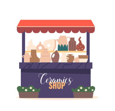 Canlı Market Mağazası El yapımı Çömlek Yapımı. Değişik şekillerde, renklerde ve tasarımlarda eşsiz parçalar, herhangi bir eve veya mekana güzellik ve zanaat eklemek. Çizgi film Vektör İllüstrasyonu