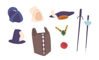 Rönesans döneminden kalma Opulent ve Karmaşık Aksesuarlar, Süslü Mücevherler, Özenle hazırlanmış Şapkalar, Kılıçlar, Korse, Köylü ve Savaşçı Başlığı. Çizgi film İnsanları Vektör İllüstrasyonu