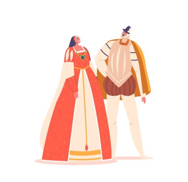Rönesans döneminde erkek ve kadın karakterler 15. ve 16. yüzyılların modasını yansıtan ayrıntılı ve süslü kıyafetler giyerler. Çizgi film İnsanları Vektör İllüstrasyonu