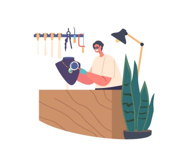 Uzman Kuyumcu Karakteri Mücevher Parçalarını İnceleme ve İnceleme ve İnceleme, Büyüteç, Mükemmellik ve Ustalık Sağlama. Çizgi film İnsanları Vektör İllüstrasyonu