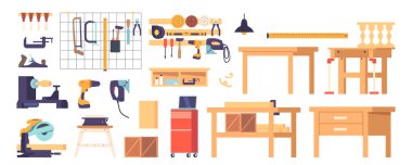 Marangozluk Atölyesi Ögeleri Ayarlandı. Tezgah, testere, çekiç ve keski, tornavida, matkap, mezura, mezura veya pense. Zımpara kağıdı, çivi, vida, kıskaç ve ahşap işçiliği. Çizgi film Vektör İllüstrasyonu