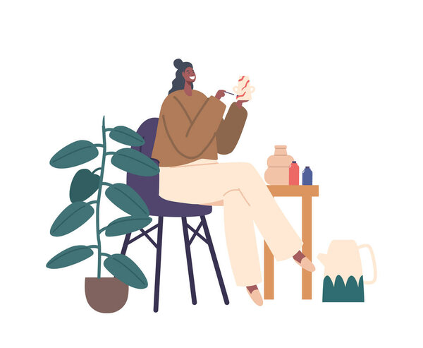 Artistic Woman Passionately Painting Intricate Designs On Handmade Pottery, Bringing Life And Beauty To Each Piece With Her Skilled Hands And Creative Imagination. Cartoon People Vector Illustration