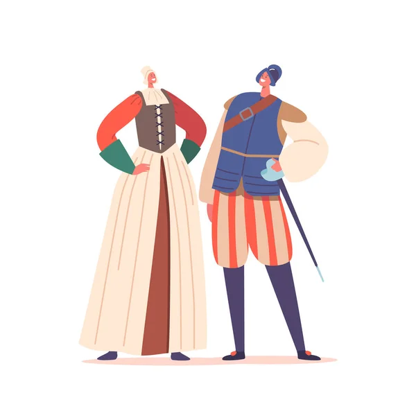Woman Peasant Och Man Soldier Characters Bär Kostymer Renässansen Eran — Stock vektor