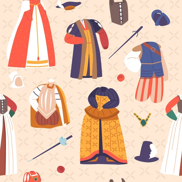 Kompliziertes Nahtloses Muster Mit Kostümen Aus Der Renaissance Ära Mit — Stockvektor