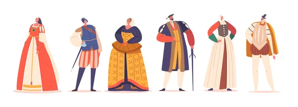 Personnages Élégamment Habillés Dans Des Costumes Époque Renaissance Ornés Détails — Image vectorielle