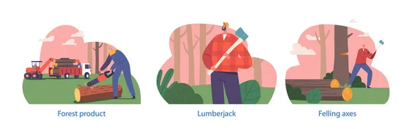 Personagens Lumberjack Qualificados Com Forte Físico Especialização Árvores Corte Motosserra — Vetor de Stock