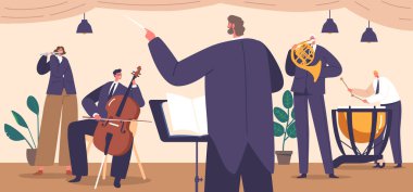 Yetenekli Müzisyen Karakterleri, Hassasiyeti ve Tutkusu ile Sonsuz Melodileri sahnedeki fevkalade müzik yetenekleriyle seyirciyi büyülüyor. Çizgi film İnsanları Vektör İllüstrasyonu