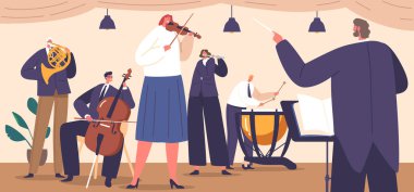 Yetenekli müzisyenler, performansları sırasında yetenekli klasik müzikleriyle seyirciyi büyüleyen orkestra şefiyle klasik başyapıtlar sergilediler. Çizgi film İnsanları Vektör İllüstrasyonu