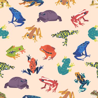 Değişik renklerde egzotik kurbağalar, desenler ve pozlar içeren canlı, pürüzsüz desenler. Tropikal Hayvanlar, Süs, Duvar Kağıdı, Tekstil Tasarımı ile Oyuncu Döşeme Arkaplanı. Çizgi film Vektör İllüstrasyonu