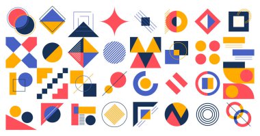 Soyut Geometrik Tasarım Cesur Şekiller, Düz Çizgiler ve Canlı Renkler ile karakterize edilir, Bauhaus hareketinin minimalist ve işlevsel estetiğini yansıtır. Çizgi film Vektör İllüstrasyonu