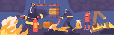 İtfaiyeci ve Kurtarıcı Karakterler Kahramanca Yanan Yangını söndürüp Kömür Madenini Yaktılar Güvenliği Sağladım ve Yeraltındaki Değerli Kaynakları Korudum. Çizgi film İnsanları Vektör İllüstrasyonu