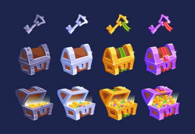 Oyun varlıklarında bir takım sandık ve anahtarlar var. Demir, Gümüş, Altın ya da Platin Sandık, Altın ve Gemstone UI ya da Gui elementleri, Gizem ve Keşif Ürünleri. Çizgi film Vektör İllüstrasyonu