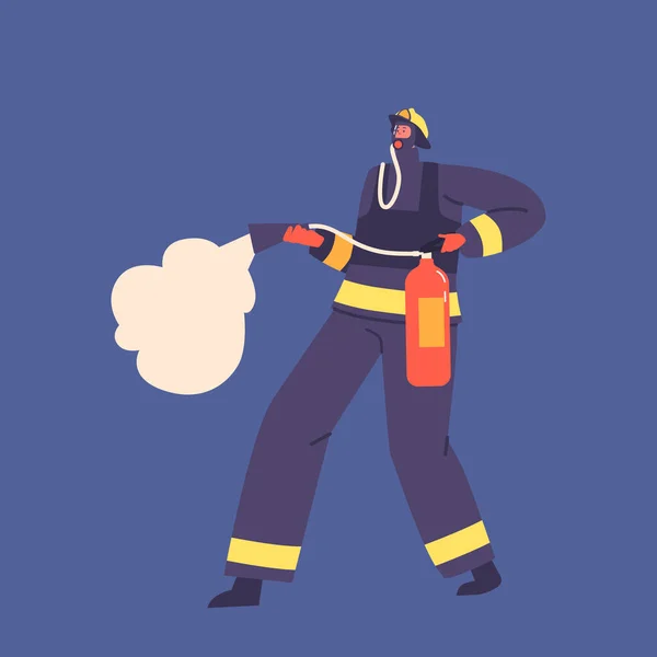 強力な消火器を装備した勇敢な消防士キャラクターは すべての人のための安全性と保護を確保し 火災を戦闘し 消火する準備ができています 漫画人ベクトルイラスト — ストックベクタ