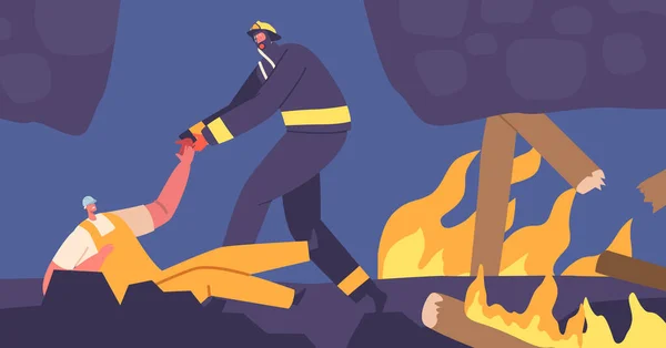 Valente Resgate Salve Mineiro Preso Durante Incêndio Minas Carvão Personagem —  Vetores de Stock