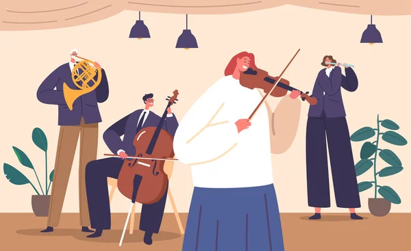 Талановиті Класичні Музиканти Захоплюють Сцену Своїм Мелодійним Виконанням Скрипці Французькому — стоковий вектор