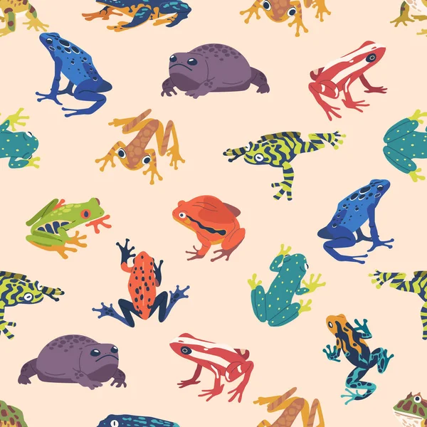Vibrant Seamless Pattern Featuring Exotic Frogs Variety Colors Patterns Poses — Stock Vector