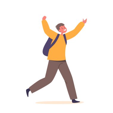 Coşkuyla koşan enerjik küçük okul çocuğu okul bahçesinde yarışırken neşeli ve kaygısız bir ruh sergiliyor. Mutlu Öğrenci Erkek Karakteri. Çizgi film İnsanları Vektör İllüstrasyonu