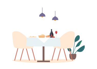 Nefis yemeklerle süslenmiş nefis bir masa ve kaliteli bir şarap seçimi restoranın içinde lüks bir akşam yemeği deneyimi için mükemmel bir ortam yaratıyor. Çizgi film Vektör İllüstrasyonu