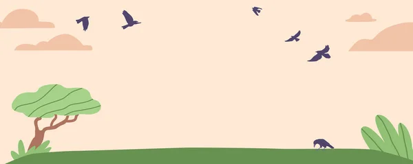 空を飛ぶカラスと壮大な自然景観 空を飛ぶこれらの優雅な鳥の畏敬の念を起こさせる光景を捉え 劇的で魅力的な雰囲気を作り出します 漫画ベクターイラスト — ストックベクタ