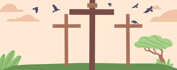 Sacred Symbol Christianity Three Crosses Calvary Represents Crucifixion Jesus Christ — Stock Vector