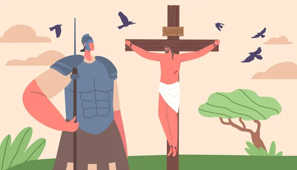 Jesus Crucifixion Solemn Biblical Scene Jesus Character Cross While Soldier - Stok Vektor