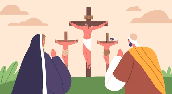 Jesus Crucifixion Profound Biblical Scene Depicting Jesus Sacrifice Crucified Cross — Stock Vector