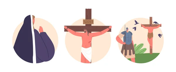 Izolované Kruhové Ikony Ukřižováním Ježíše Profound Biblická Scéna Ježíšem Kříži — Stockový vektor